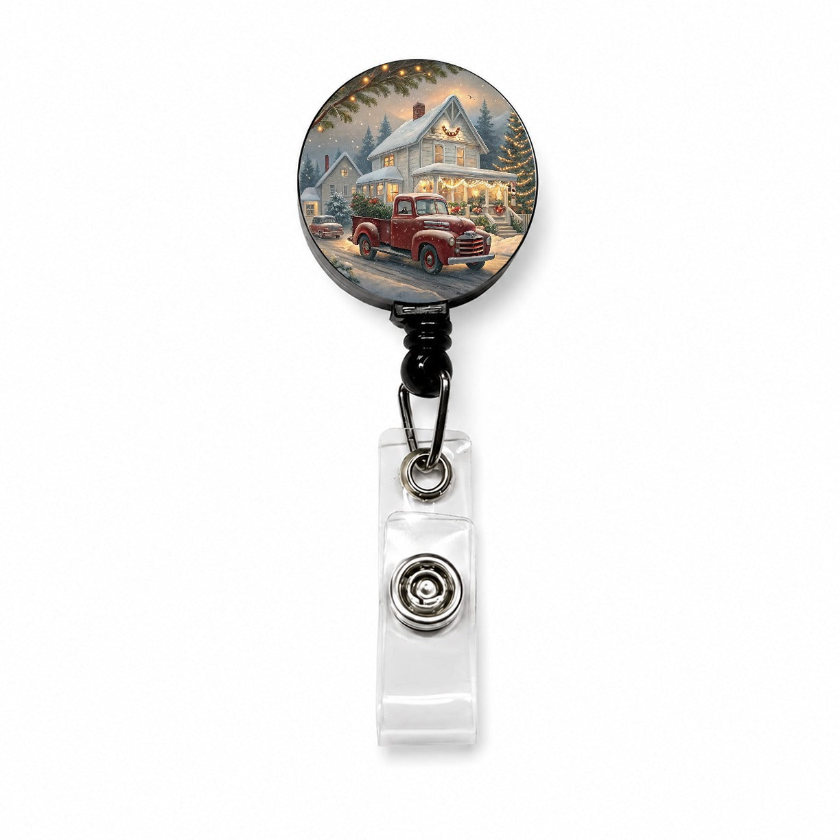 Vintage Americana Christmas Red Truck Retractable ID Key Card Name Tag Badge Holder with Clip