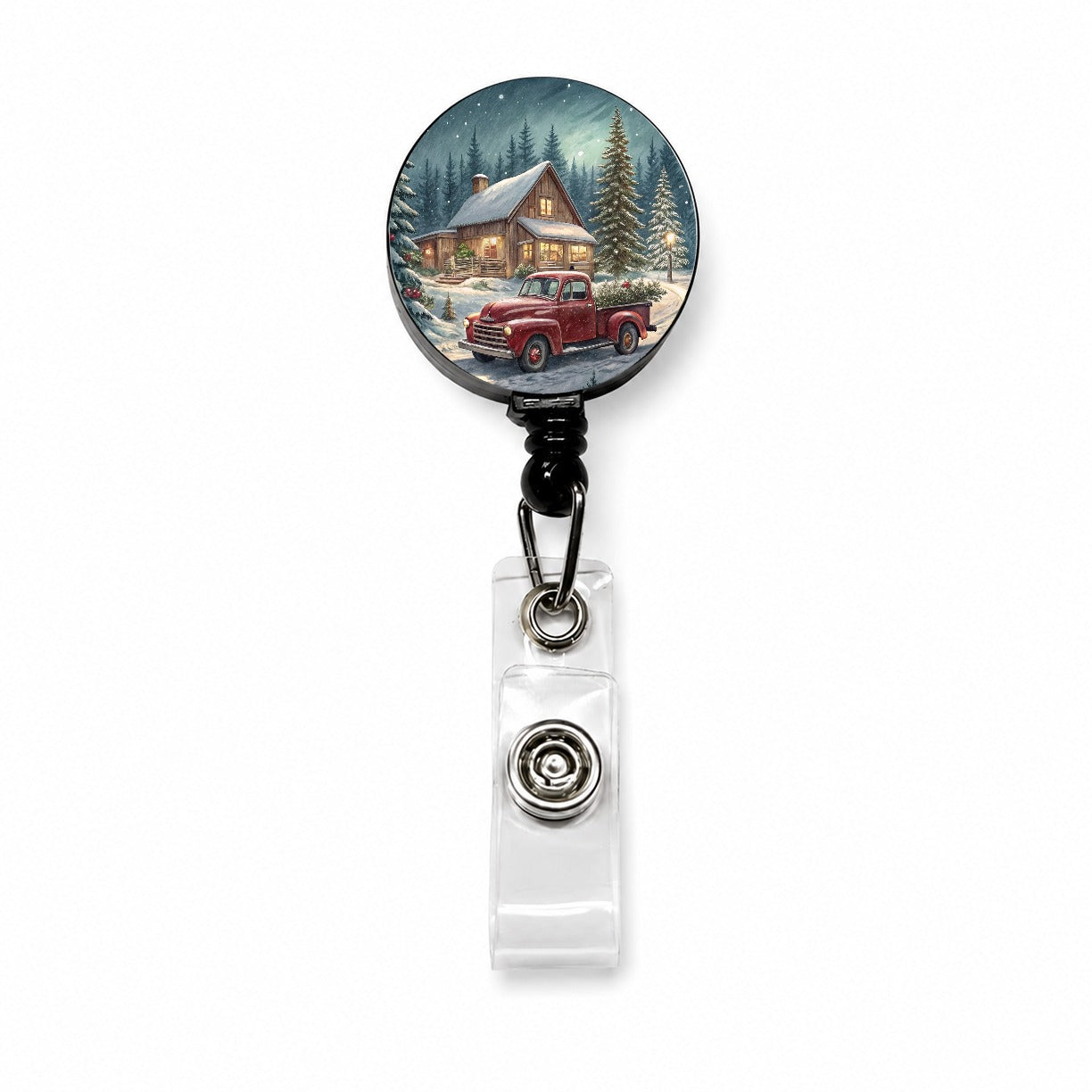 Vintage Americana Christmas Tree In Red Truck Retractable ID Key Card Name Tag Badge Holder with Clip