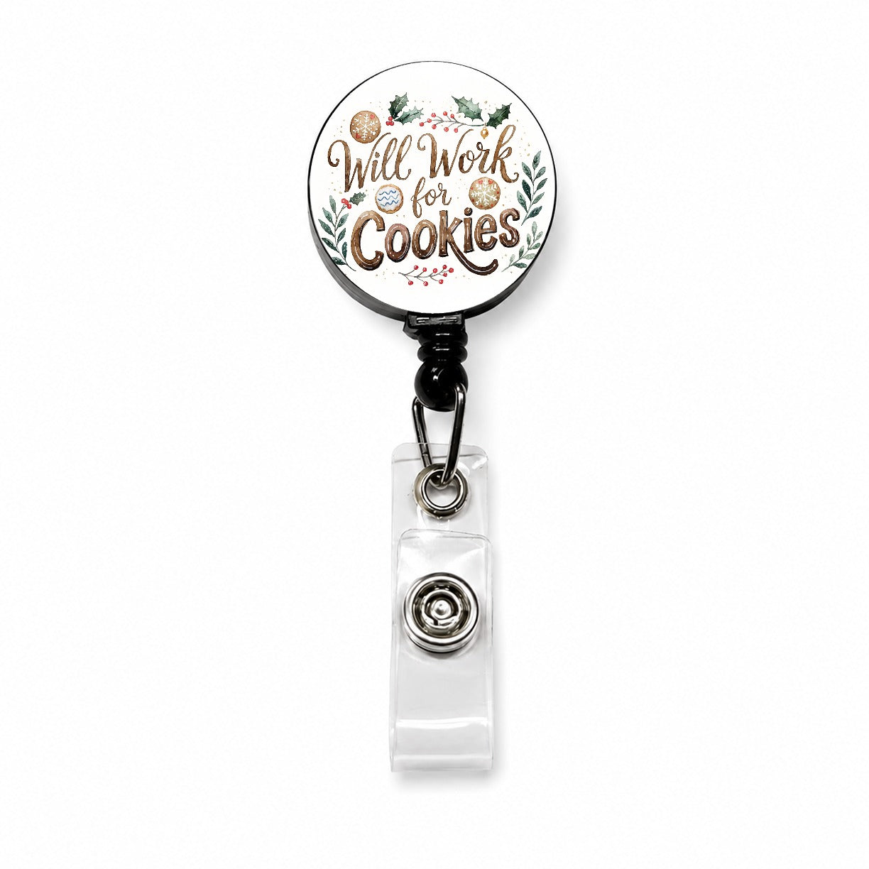 Will Work For Cookies Christmas Retractable ID Key Card Name Tag Badge Holder with Clip