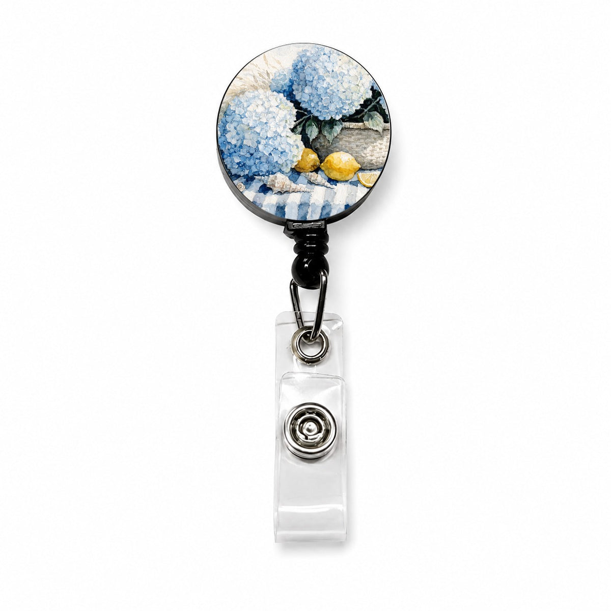 Blue Hydrangeas Seashells Lemons Coastal Retractable ID Key Card Name Tag Badge Holder with Clip