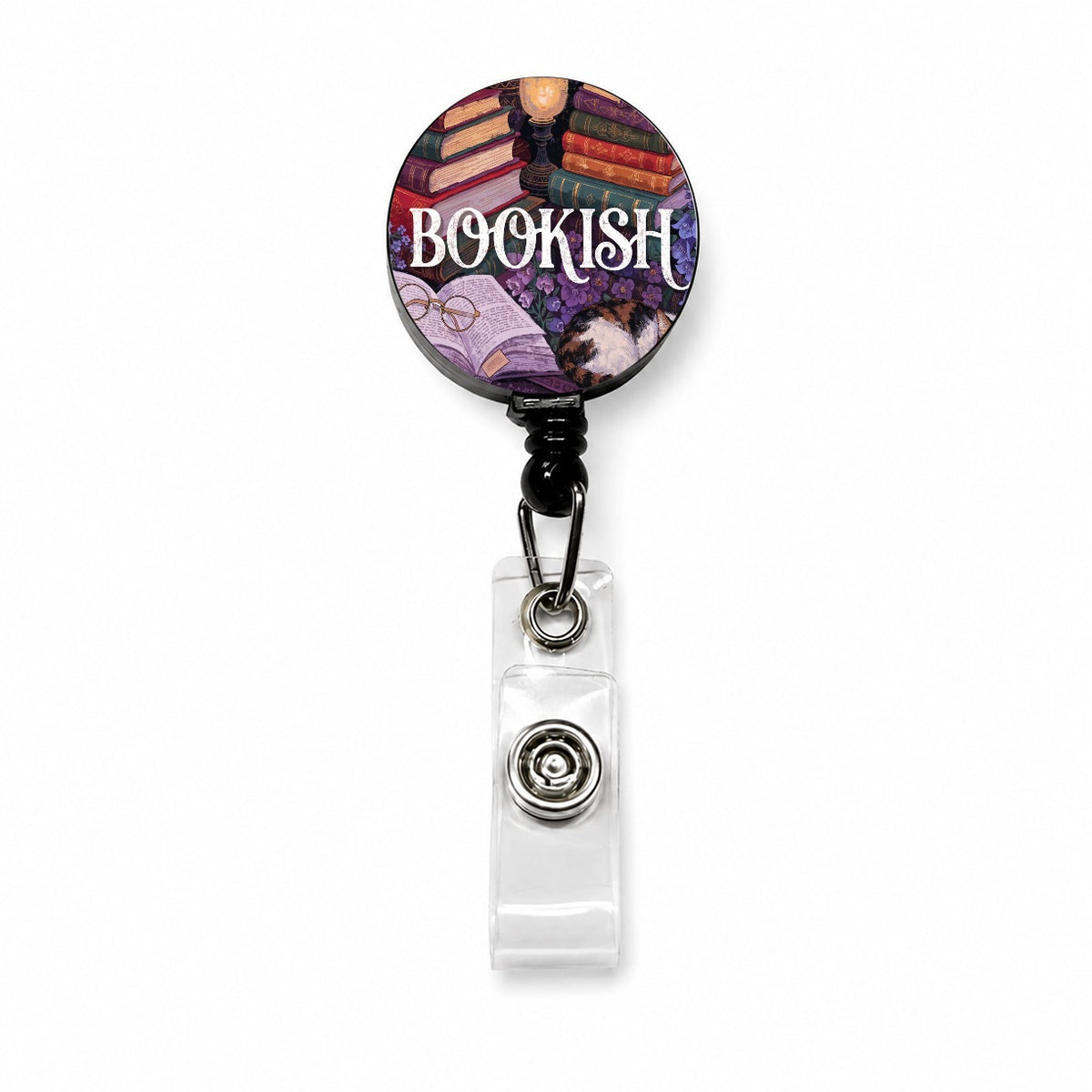 Bookish Reading Books Cat Retractable ID Key Card Name Tag Badge Holder with Clip