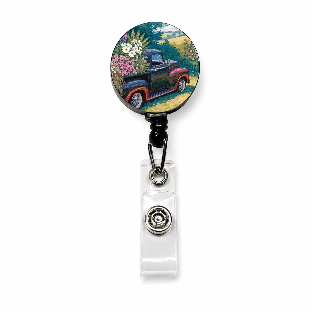 Charming Vintage Flower Pickup Truck Retractable ID Key Card Name Tag Badge Holder with Clip