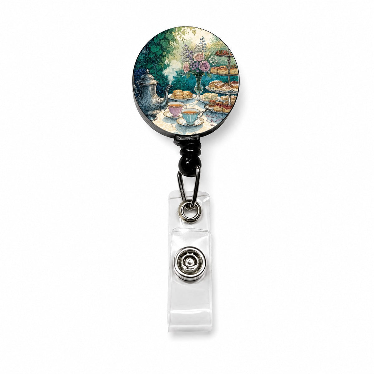 Elegant Afternoon Tea Pot Scones Retractable ID Key Card Name Tag Badge Holder with Clip