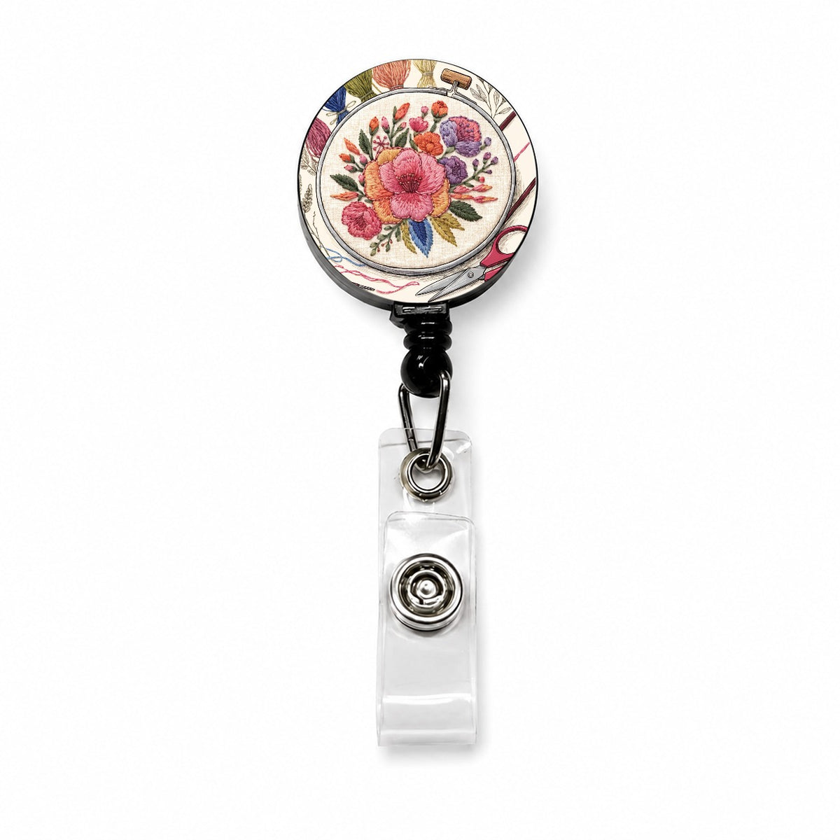 Embroidery Floral Hoop Retractable ID Key Card Name Tag Badge Holder with Clip