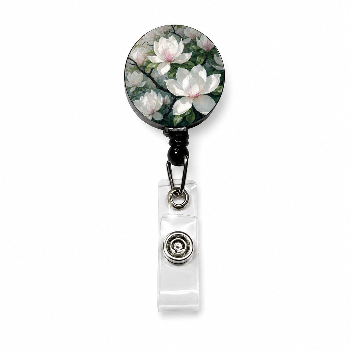 Magnolia Blossom Flowers Retractable ID Key Card Name Tag Badge Holder with Clip