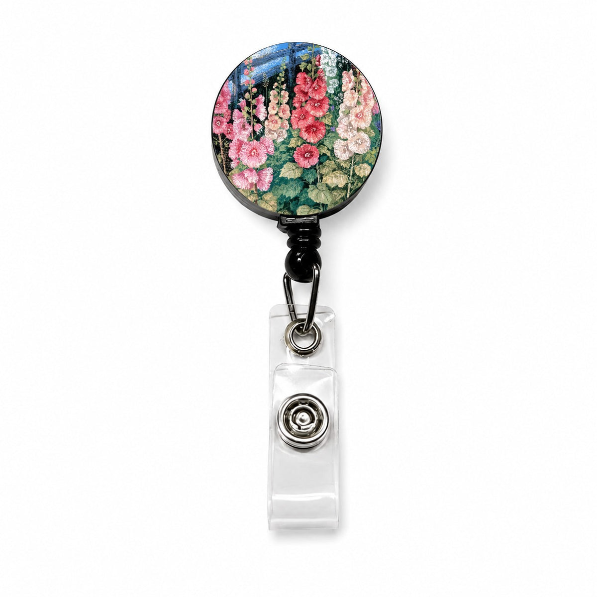 Pink Hollyhock Cottage Garden Retractable ID Key Card Name Tag Badge Holder with Clip