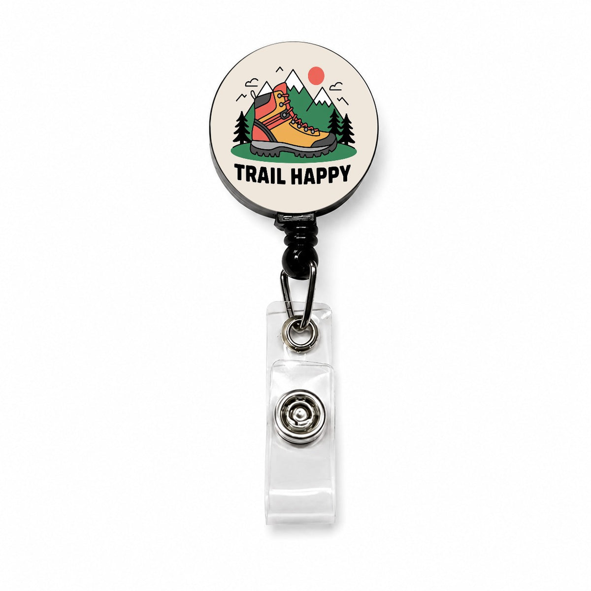 Trail Happy Hiking Boot Mountains Hiker Retractable ID Key Card Name Tag Badge Holder with Clip