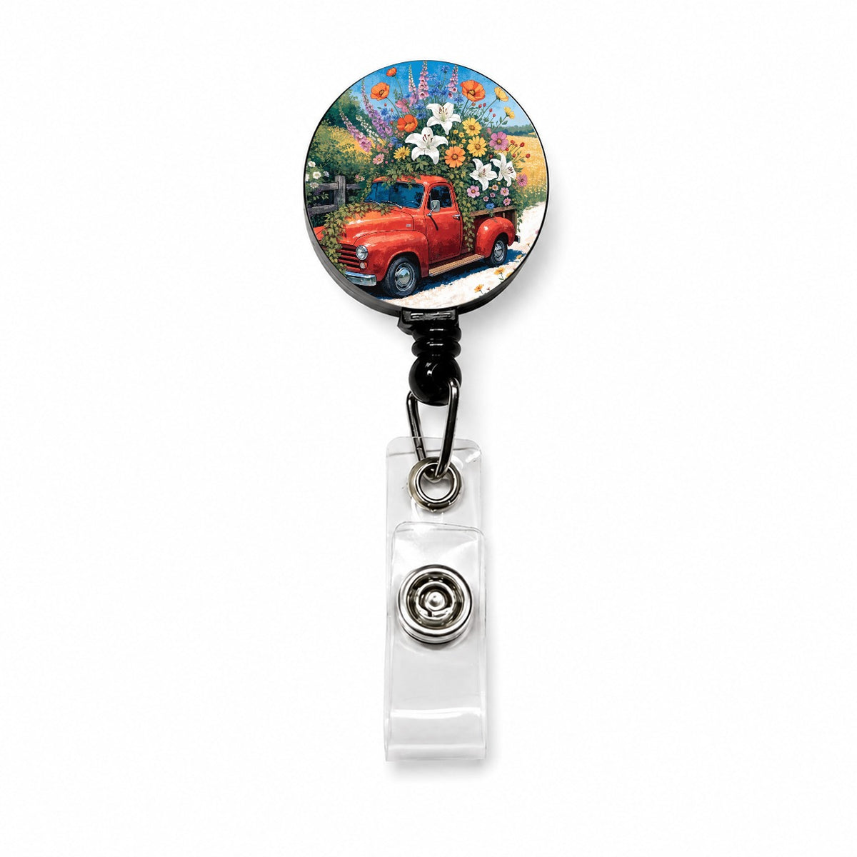 Vintage Flower Truck Retractable ID Key Card Name Tag Badge Holder with Clip