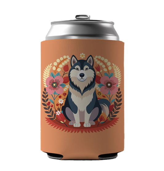 Alaskan Malamute Dog Floral Flowers Can Cooler Beer Soda Drink Insulated Holder Sleeve Hugger