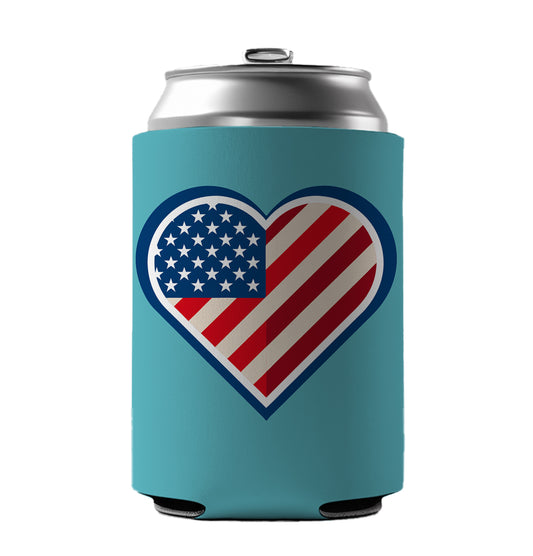 American Flag in Heart Patriotic USA United States Can Cooler Beer Soda Drink Insulated Holder Sleeve Hugger