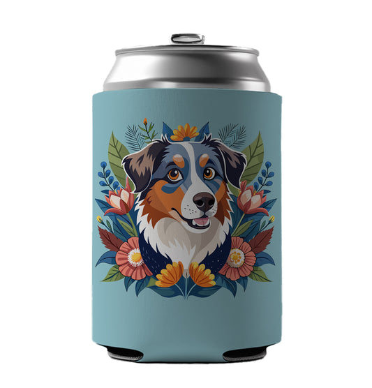 Australian Shepherd Dog Floral Flowers Can Cooler Beer Soda Drink Insulated Holder Sleeve Hugger