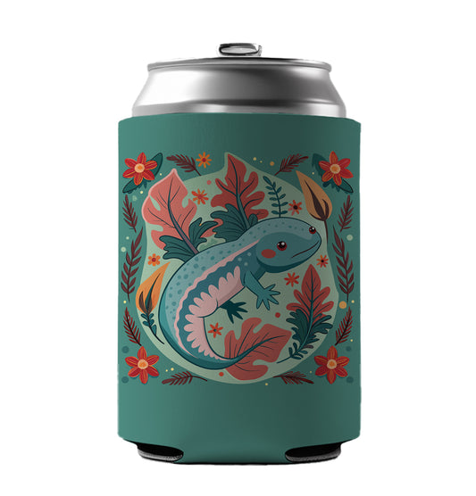 Axolotl Floral Motif Can Cooler Beer Soda Drink Insulated Holder Sleeve Hugger