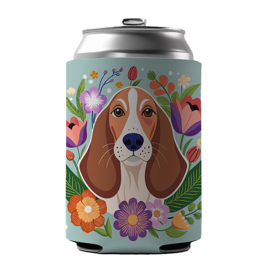 Basset Hound Dog Floral Flowers Can Cooler Beer Soda Drink Insulated Holder Sleeve Hugger
