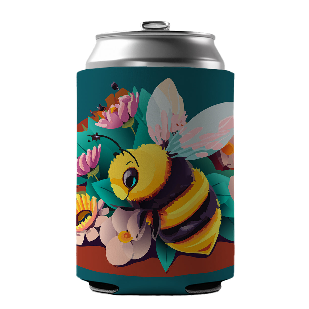 Bee and Flowers Floral Can Cooler Beer Soda Drink Insulated Holder Sleeve Hugger