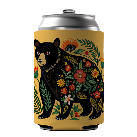 Black Bear Floral Motif Can Cooler Beer Soda Drink Insulated Holder Sleeve Hugger