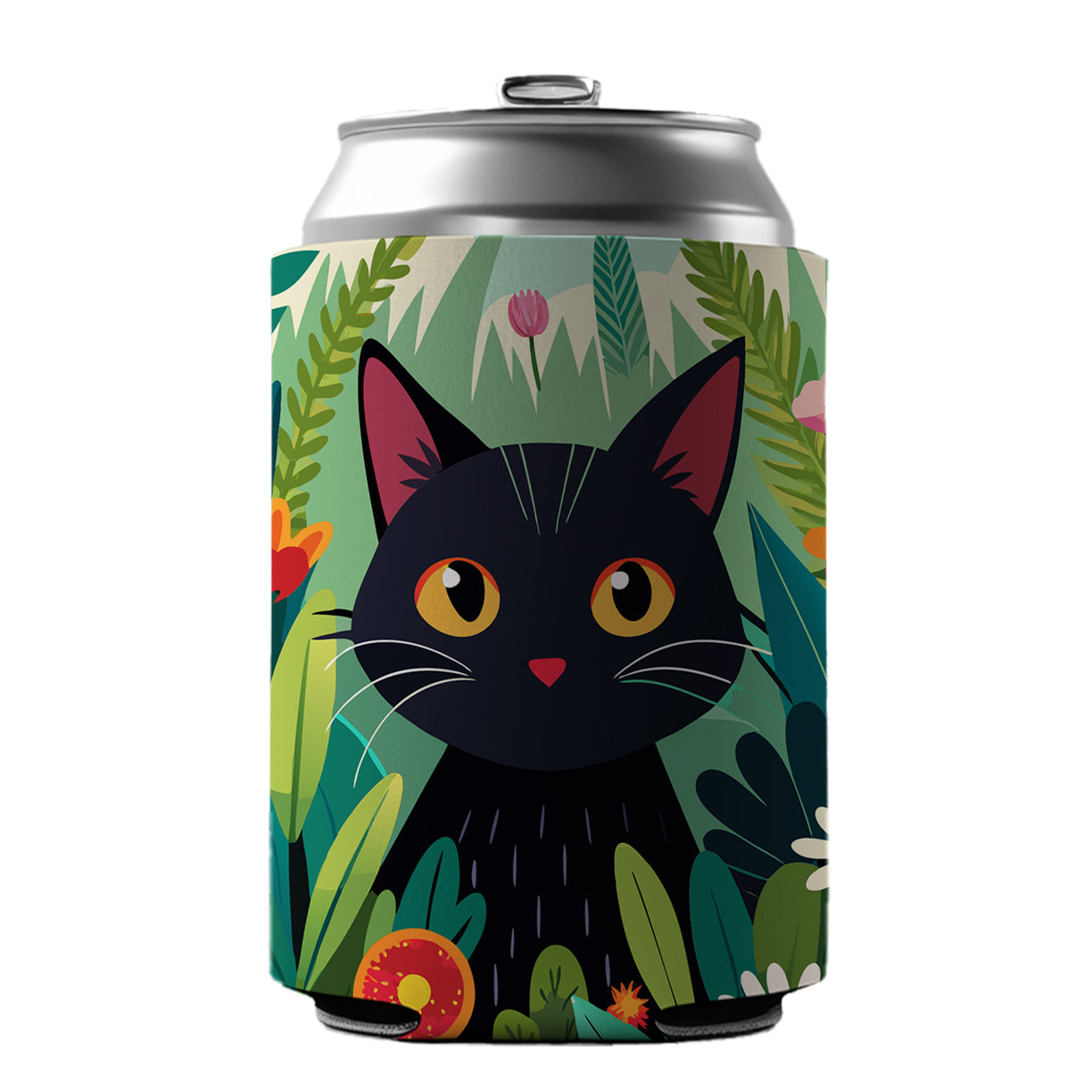 Black Cat Hiding in Flower Garden Can Cooler Beer Soda Drink Insulated Holder Sleeve Hugger