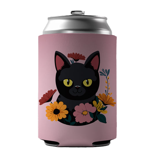 Black Cat in Flowers Can Cooler Beer Soda Drink Insulated Holder Sleeve Hugger