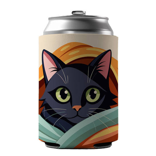Black Cat Snuggling in Blanket Can Cooler Beer Soda Drink Insulated Holder Sleeve Hugger