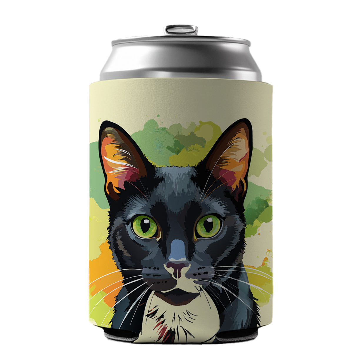 Black Cat Watercolor Can Cooler Beer Soda Drink Insulated Holder Sleeve Hugger