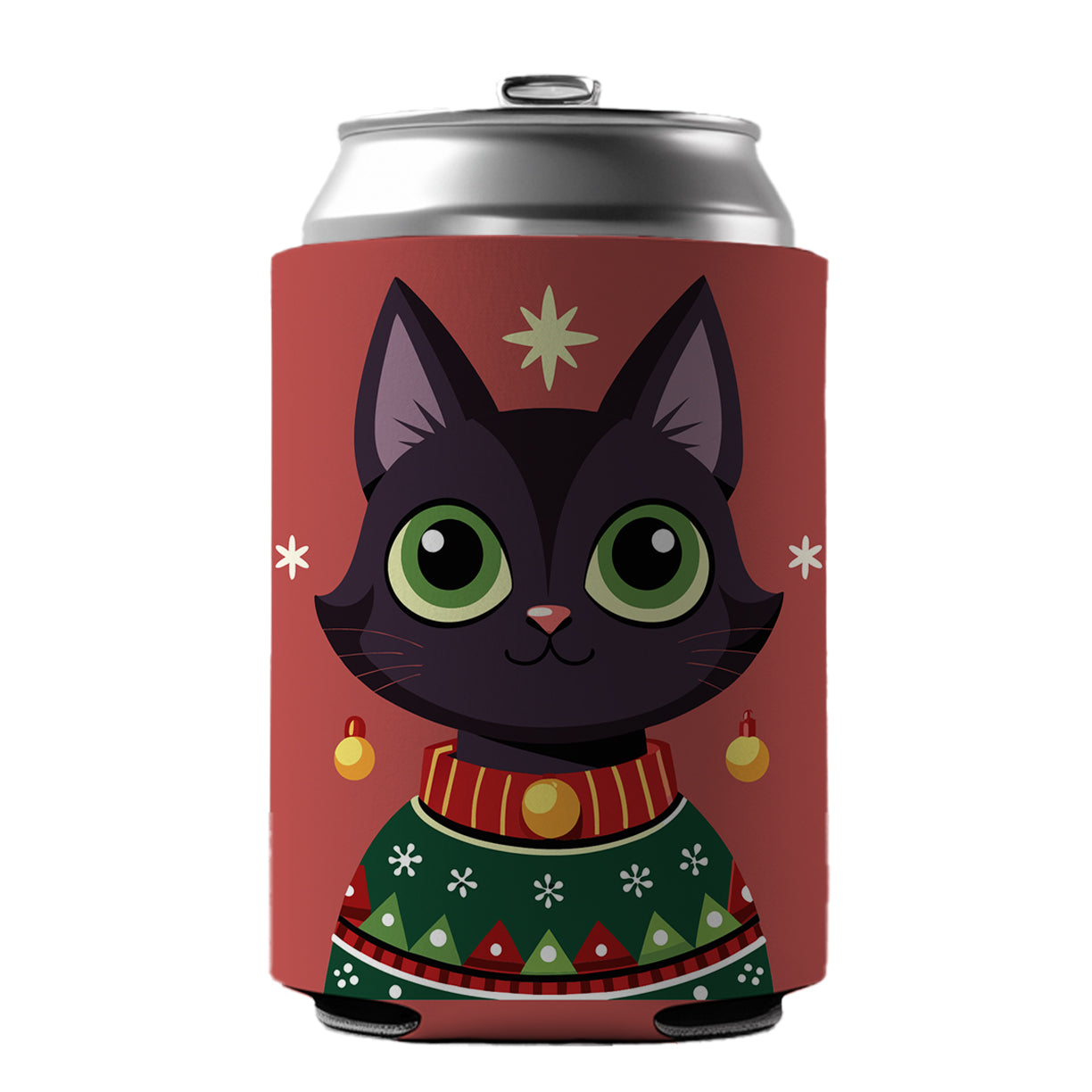 Black Cat Wearing Christmas Sweater Can Cooler Beer Soda Drink Insulated Holder Sleeve Hugger