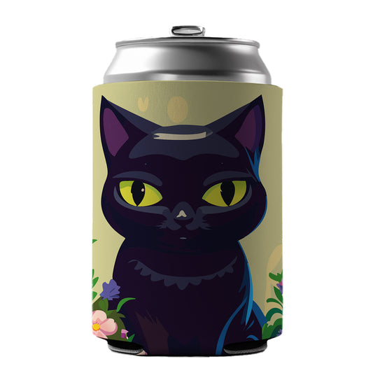 Black White Cat in Flower Garden Can Cooler Beer Soda Drink Insulated Holder Sleeve Hugger