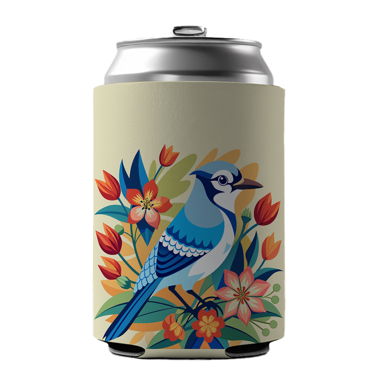 Blue Jay Floral Flowers Can Cooler Beer Soda Drink Insulated Holder Sleeve Hugger