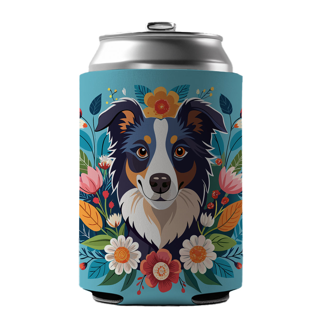 Border Collie Dog Floral Flowers Can Cooler Beer Soda Drink Insulated Holder Sleeve Hugger