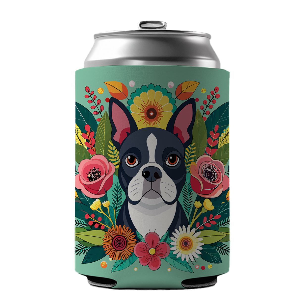 Boston Terrier Dog Floral Flowers Can Cooler Beer Soda Drink Insulated Holder Sleeve Hugger