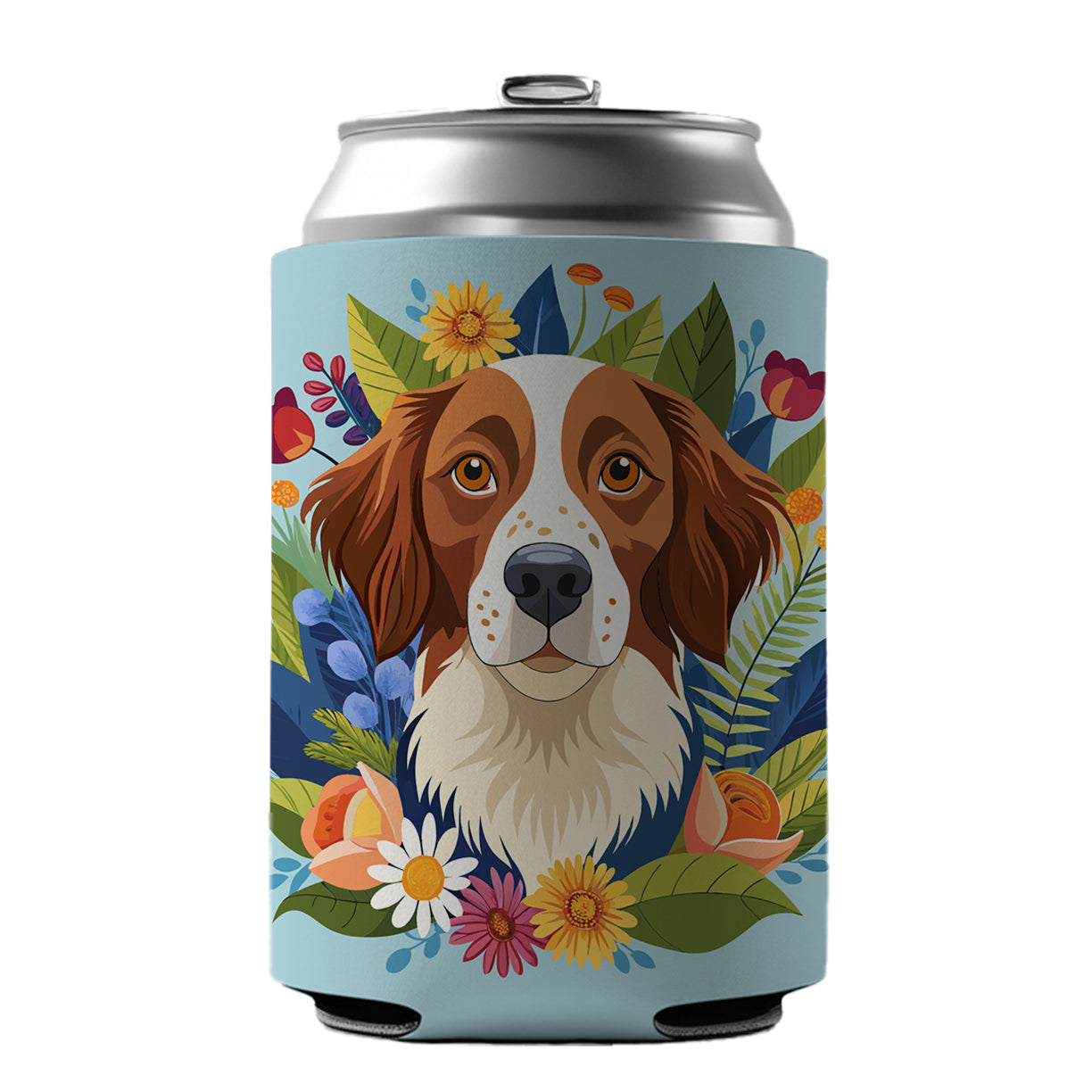 Brittany Spaniel Dog Floral Flowers Can Cooler Beer Soda Drink Insulated Holder Sleeve Hugger