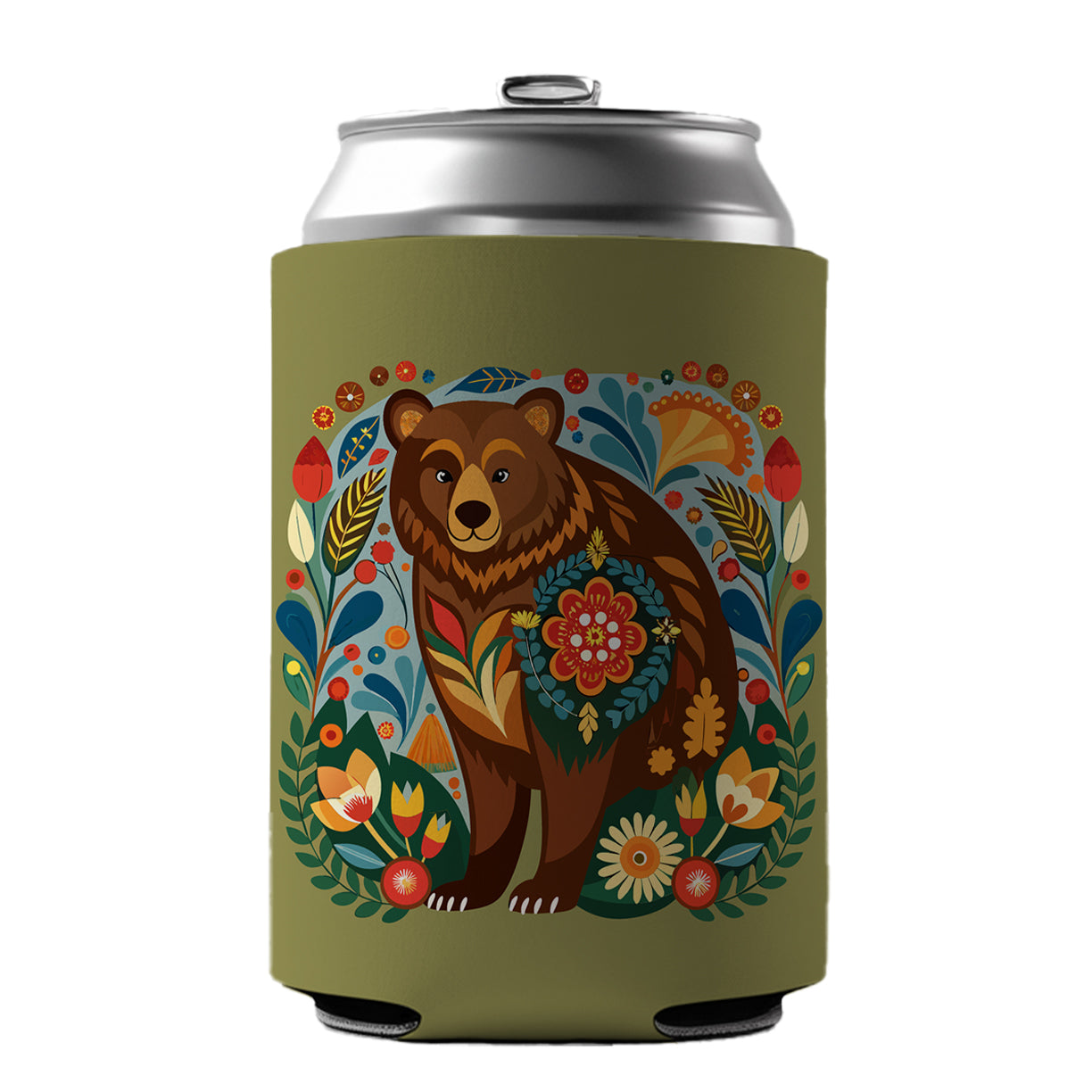 Brown Bear Floral Motif Can Cooler Beer Soda Drink Insulated Holder Sleeve Hugger