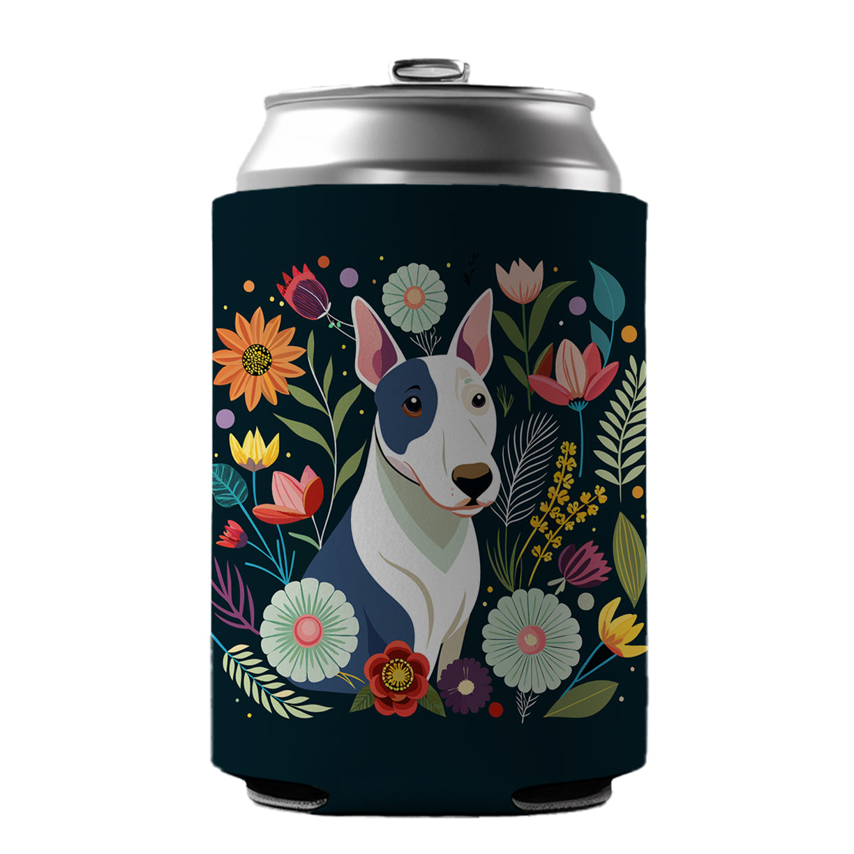 Bull Terrier Dog Floral Flowers Can Cooler Beer Soda Drink Insulated Holder Sleeve Hugger