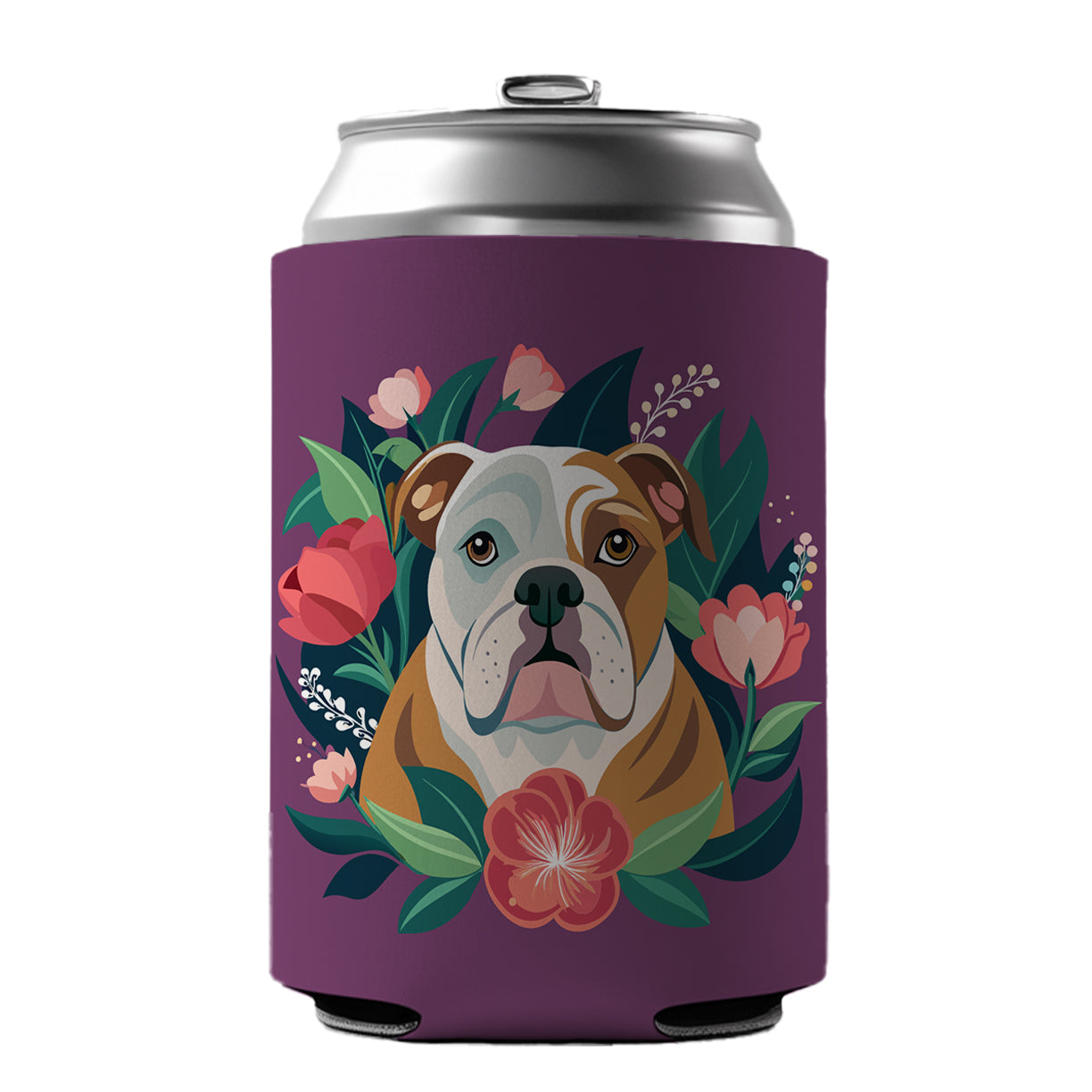 Bulldog Dog Floral Flowers Purple Background Can Cooler Beer Soda Drink Insulated Holder Sleeve Hugger