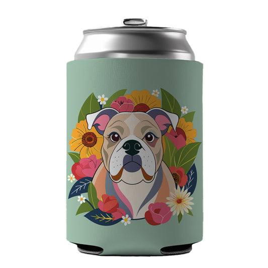 Bulldog Dog Floral Flowers Can Cooler Beer Soda Drink Insulated Holder Sleeve Hugger