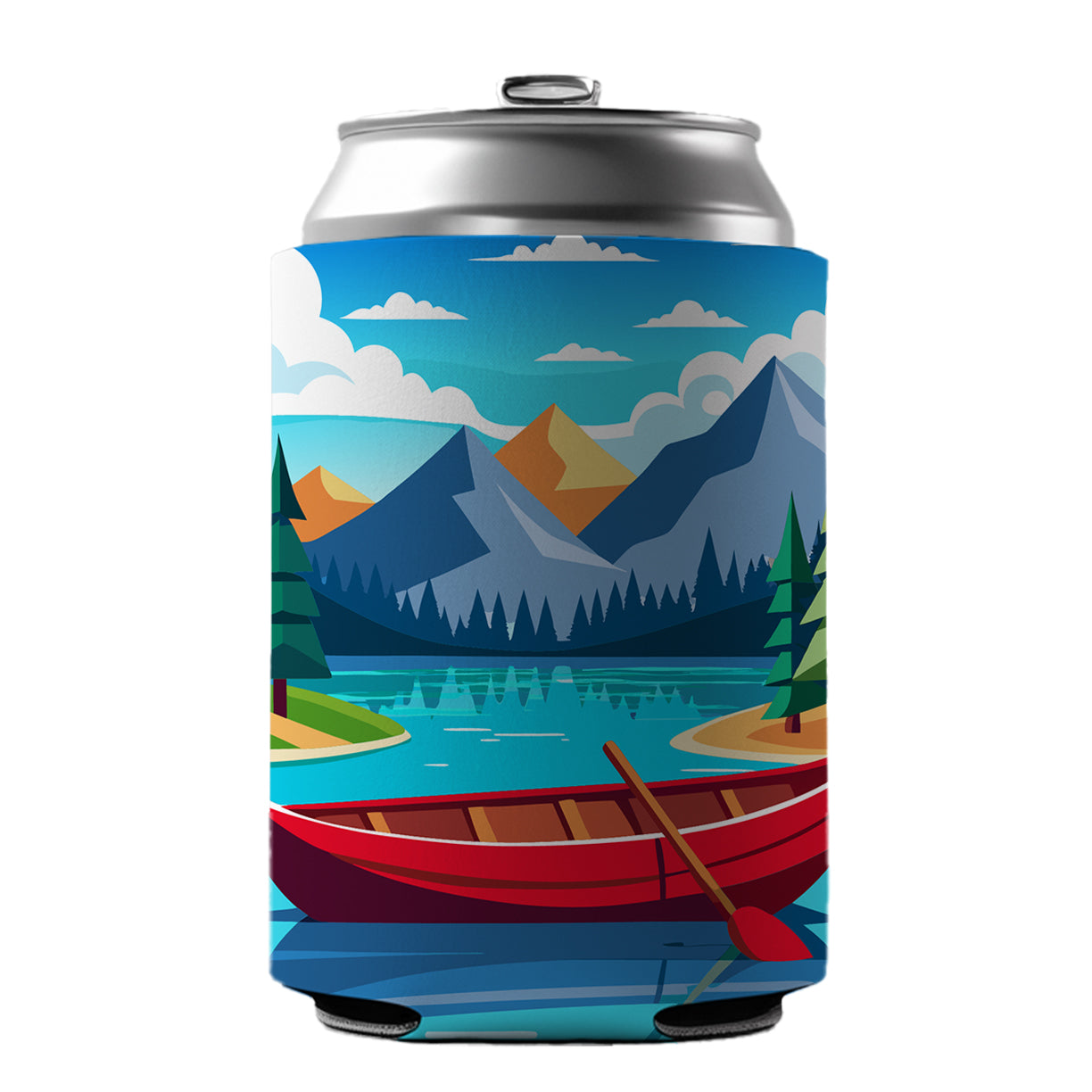 Canoe on Lake Red Can Cooler Beer Soda Drink Insulated Holder Sleeve Hugger
