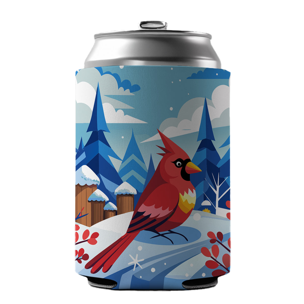 Cardinal in Winter Snow Scene Can Cooler Beer Soda Drink Insulated Holder Sleeve Hugger