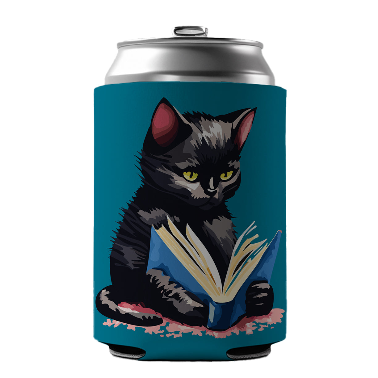 Cat Black Reading Book Reader Can Cooler Beer Soda Drink Insulated Holder Sleeve Hugger