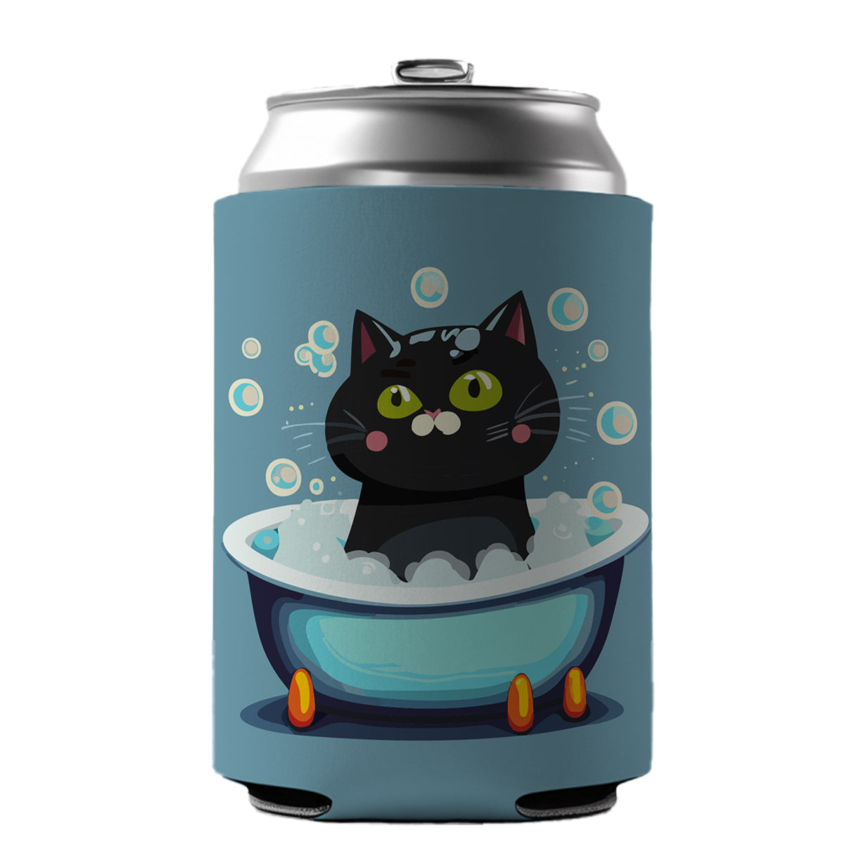 Cat Black Taking Bubble Bath Can Cooler Beer Soda Drink Insulated Holder Sleeve Hugger