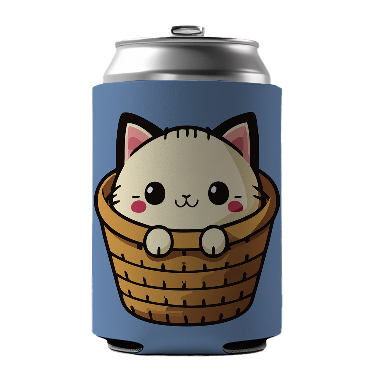 Cat Cute Chibi in Basket Can Cooler Beer Soda Drink Insulated Holder Sleeve Hugger