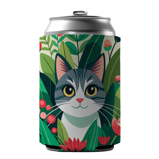 Cat Hiding in Flower Garden Can Cooler Beer Soda Drink Insulated Holder Sleeve Hugger