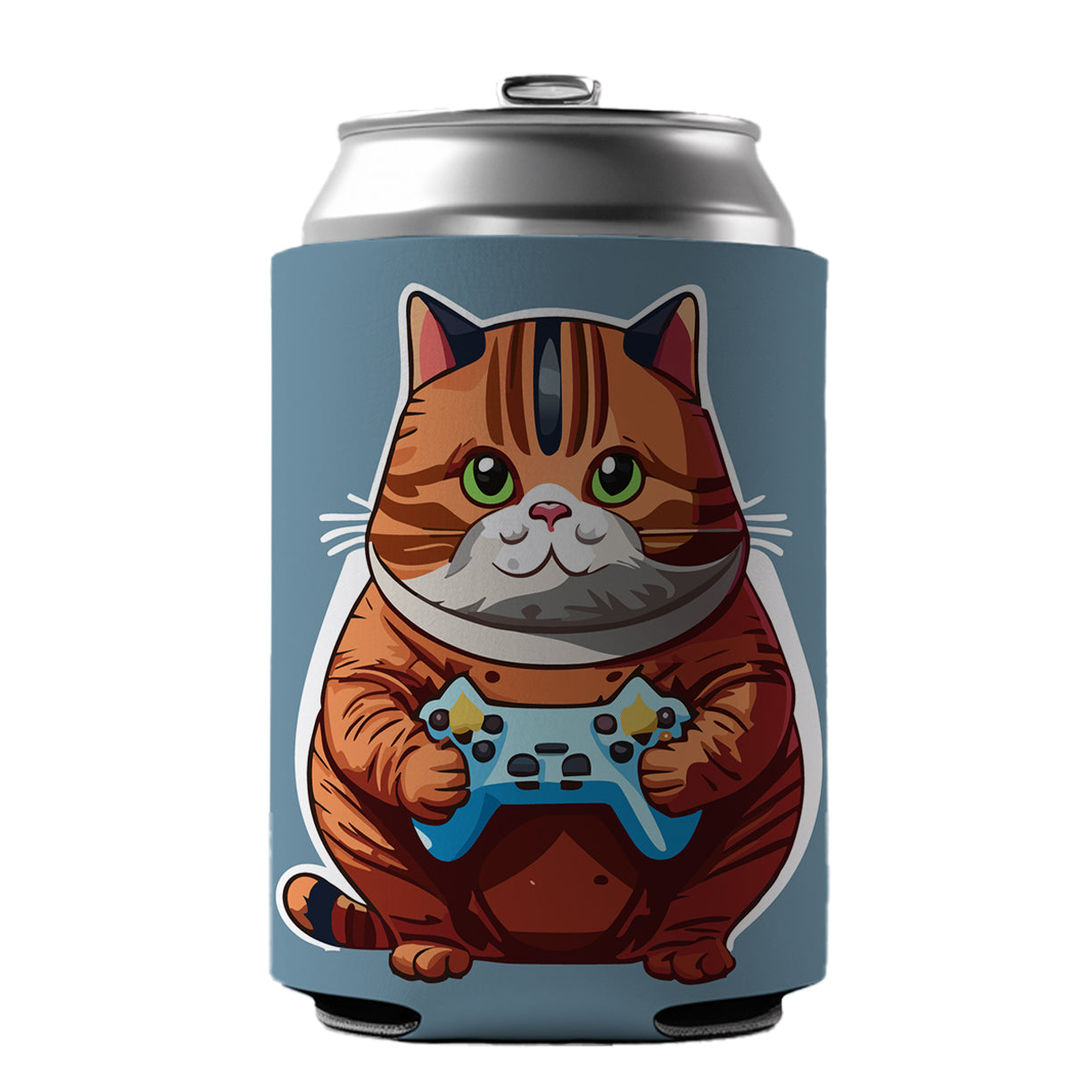 Cat Playing Game Gamer Gaming Chubby Can Cooler Beer Soda Drink Insulated Holder Sleeve Hugger