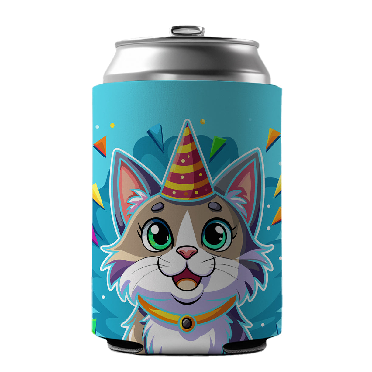 Cat Wearing Birthday Hat Can Cooler Beer Soda Drink Insulated Holder Sleeve Hugger