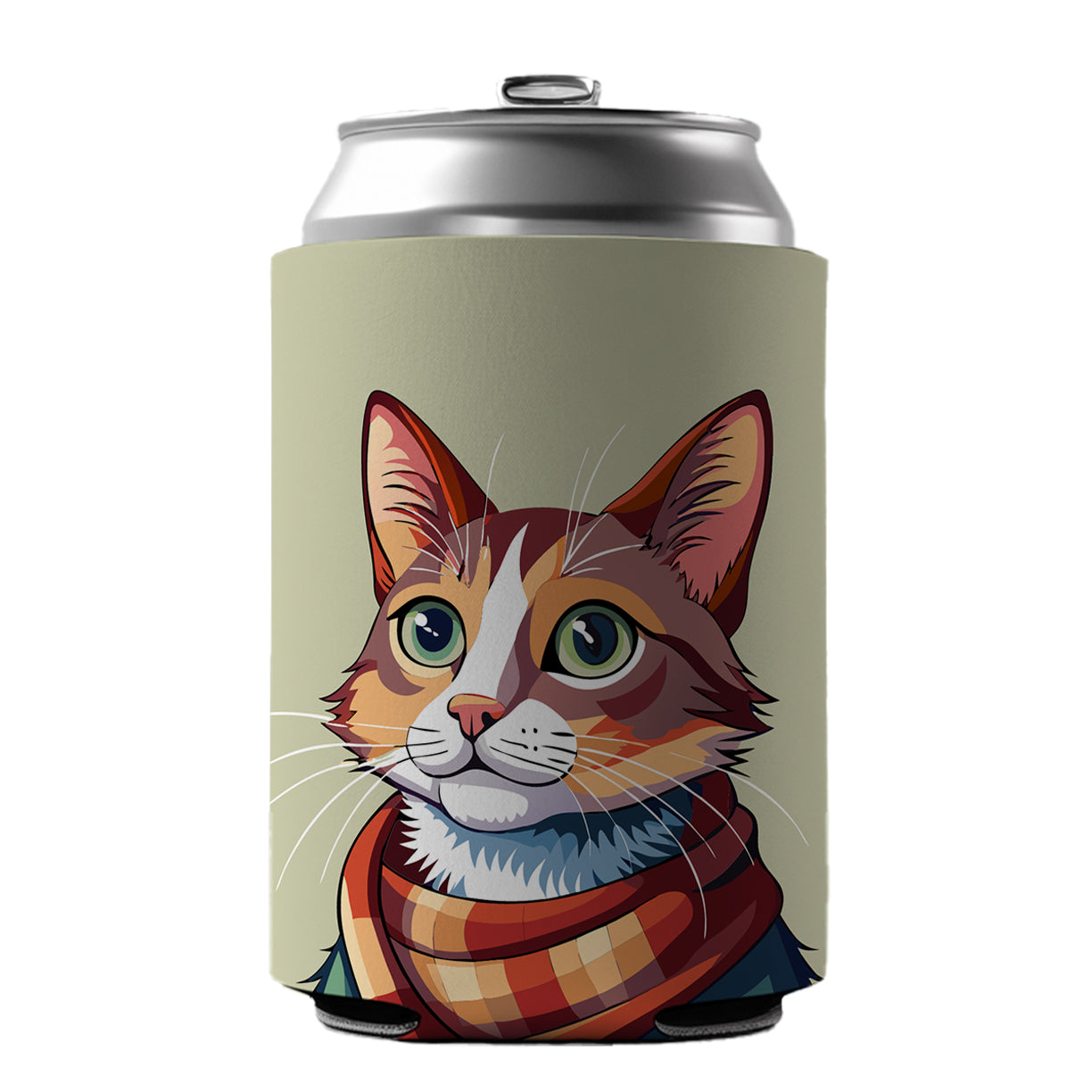 Cat Wearing Scarf Can Cooler Beer Soda Drink Insulated Holder Sleeve Hugger