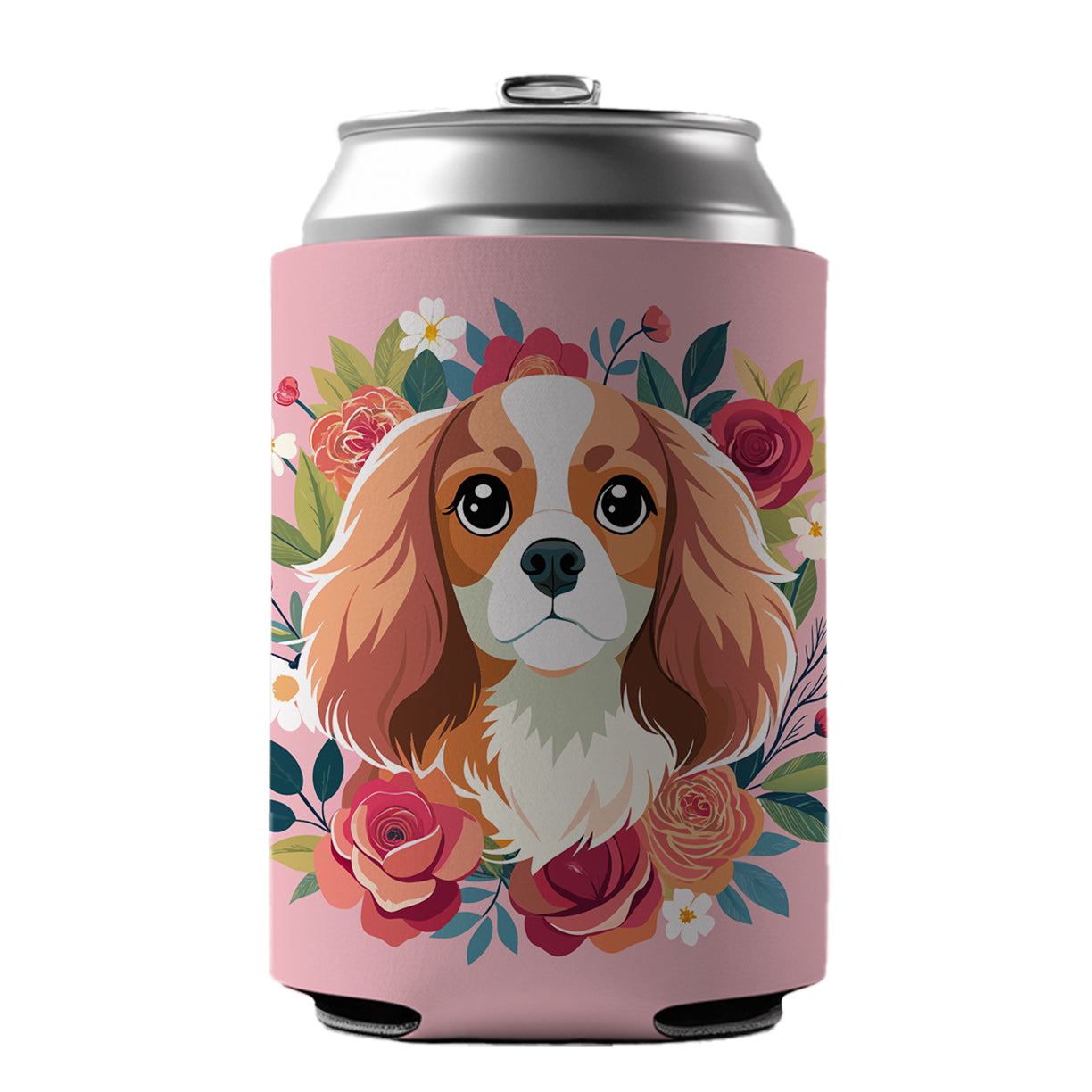 Cavalier King Charles Spaniel Dog Pink Floral Flowers Can Cooler Beer Soda Drink Insulated Holder Sleeve Hugger