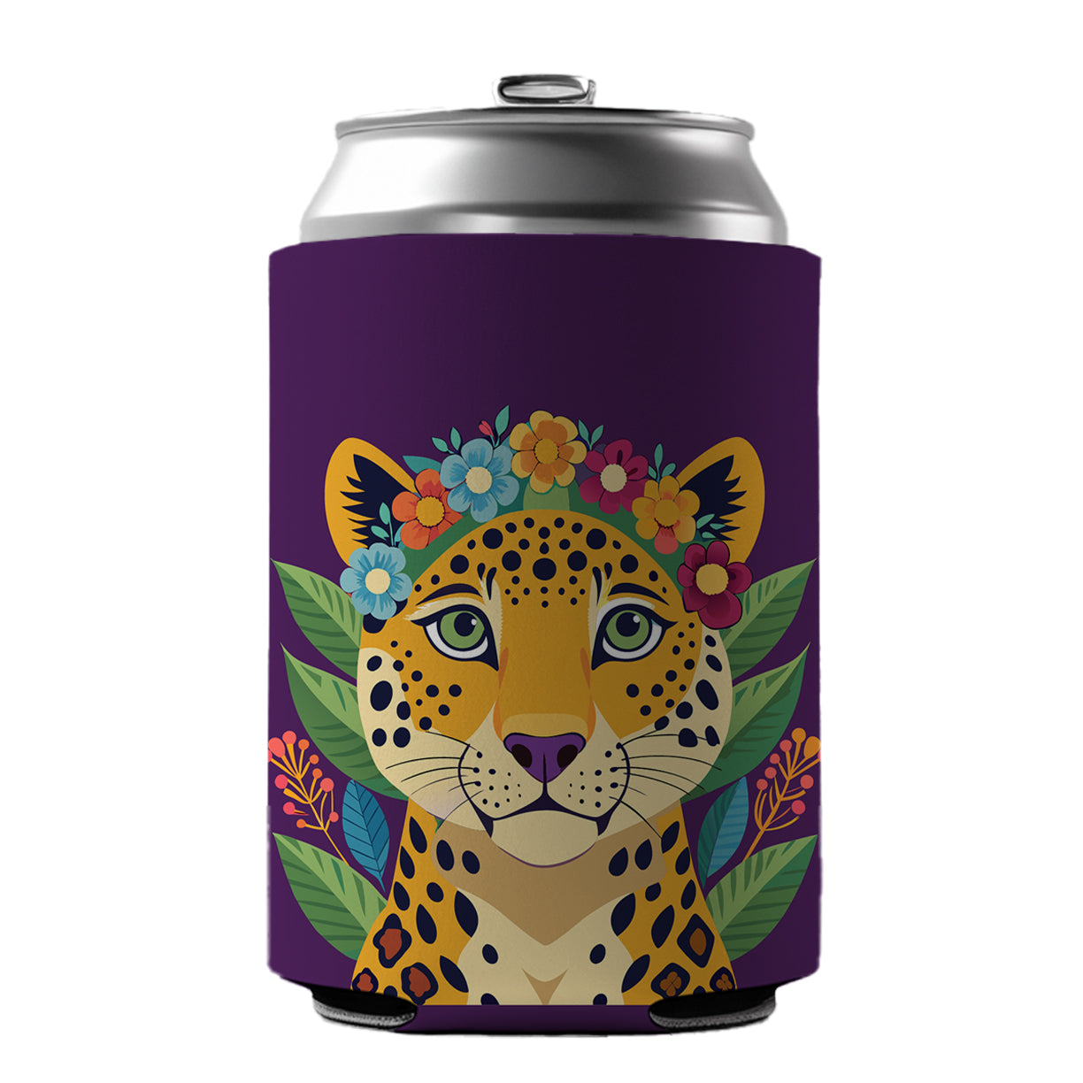 Cheetah Head Floral Flowers Can Cooler Beer Soda Drink Insulated Holder Sleeve Hugger