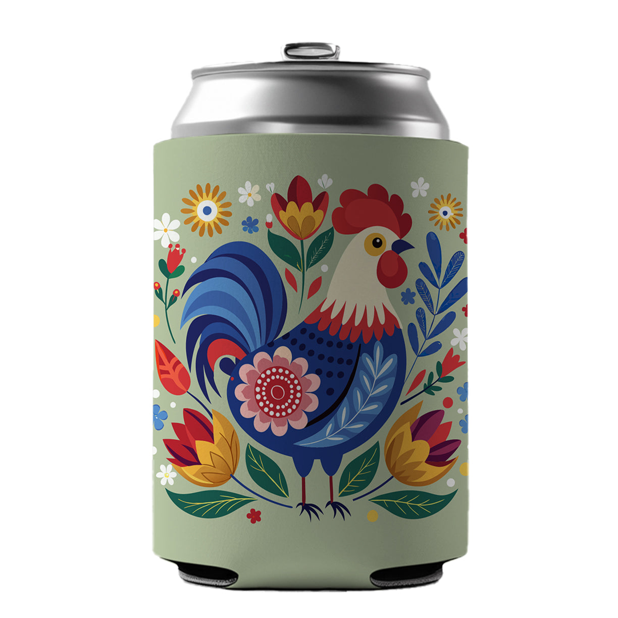 Chicken Rooster Floral Flowers Can Cooler Beer Soda Drink Insulated Holder Sleeve Hugger