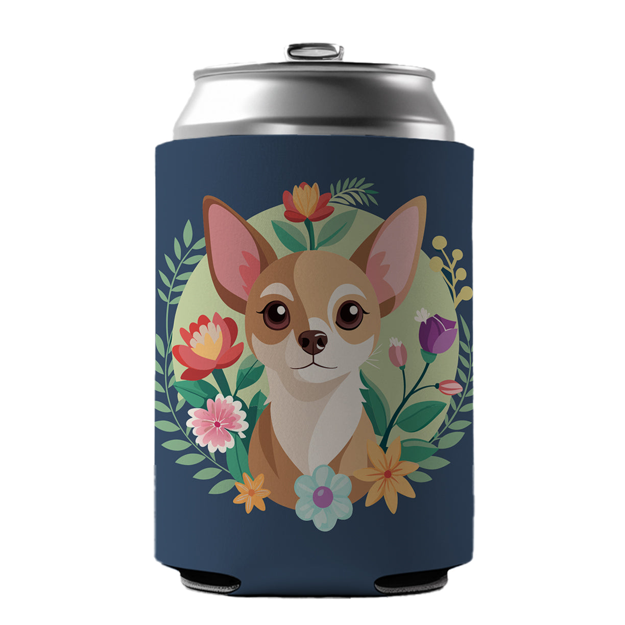 Chihuahua Dog Floral Flowers Can Cooler Beer Soda Drink Insulated Holder Sleeve Hugger