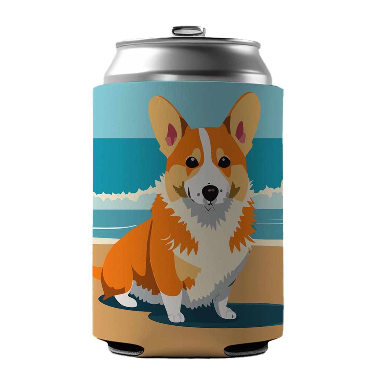 Corgi Dog on the Beach Ocean Can Cooler Beer Soda Drink Insulated Holder Sleeve Hugger