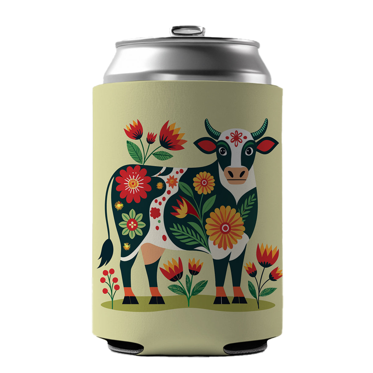 Cow Floral Motif Can Cooler Beer Soda Drink Insulated Holder Sleeve Hugger