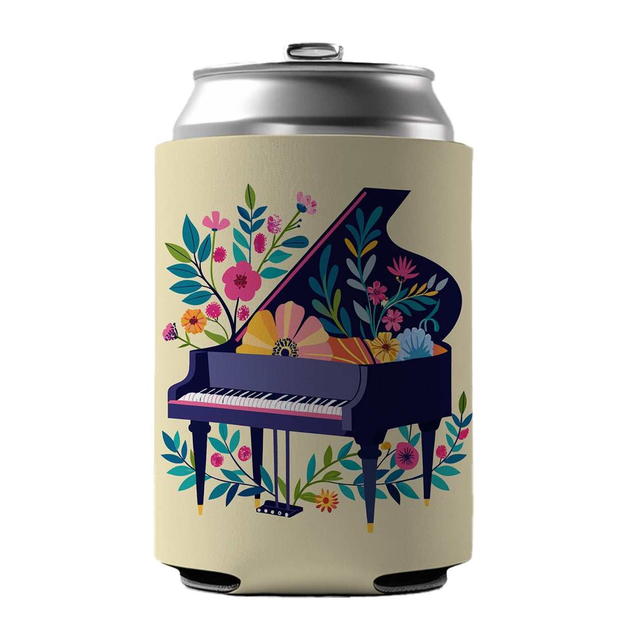 Grand Piano Music Floral Motif Can Cooler Beer Soda Drink Insulated Holder Sleeve Hugger