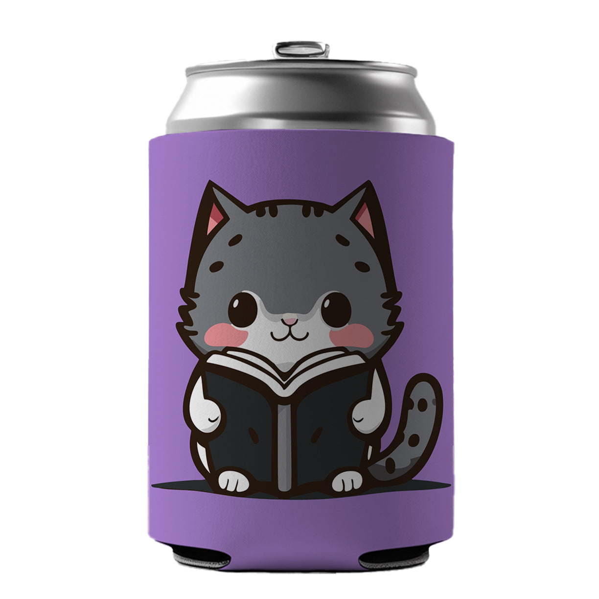 Gray Cat Reading Book Can Cooler Beer Soda Drink Insulated Holder Sleeve Hugger